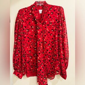 Chicos Red/black/camel size 1 blouse with attached tie. Full sleeves like new